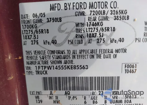 2005 Ford F-150 from USA, damaged, VIN 1FTPW14555KE85563